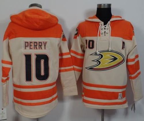 Ducks #10 Corey Perry Cream/Orange Sawyer Hooded Sweatshirt Stitched NHL Jersey - Click Image to Close